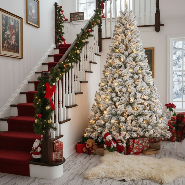 5英尺植绒圣诞树407尖端人造植物，带150个暖白色灯坚固的金属支架雪地人造树度假屋、办公室、公寓派对装饰FBA发货-3