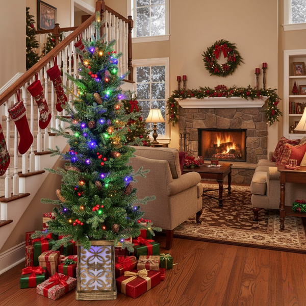 4英尺圣诞树带100个多色LED灯，预亮绿色人造植物花盆，红色浆果和松果树，PVC全枝，闪闪发光的底座照亮花盆，派对装饰FBA发货-11