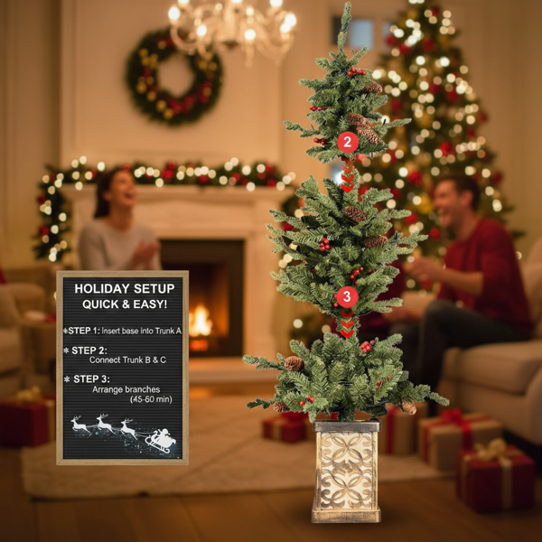 4英尺圣诞树带100个多色LED灯，预亮绿色人造植物花盆，红色浆果和松果树，PVC全枝，闪闪发光的底座照亮花盆，派对装饰FBA发货-16