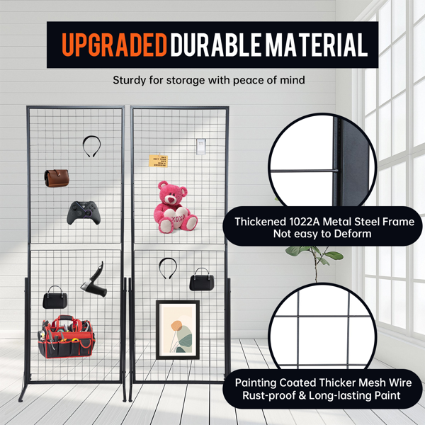 2件套24英寸x67英寸商业网格墙显示器，带T形底座-适用于零售店、工艺品博览会和贸易展的双面金属线板系统（包括挂钩和夹子）-4
