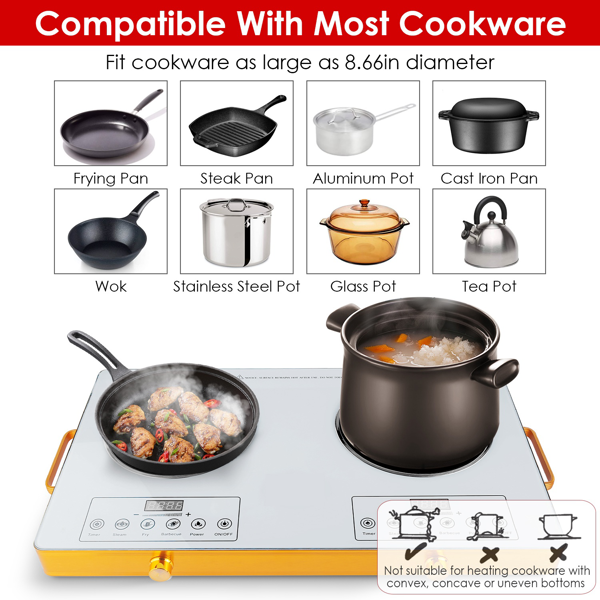 （物流随机发，自提可发加拿大）-7000W双头电炉灶 110V，配备2个3500W快速加热炉盘，4种预设模式（蒸/煎/烤/强火），11档功率调节，便携式把手及易清洁玻璃面板，适用于所有平底锅具，适合宿舍/房车/公寓/露营使用。-2