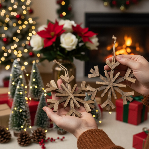 2件套17.7英寸圣诞树装饰品大型木制雪花装饰品乡村壁挂，用于度假屋展示FBA发货-3