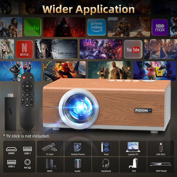 带 WiFi 6 和蓝牙 5.4 的投影仪，突出显示原生 1080P 户外电影投影仪，FUDONI 家庭影院自动 6D 梯形校正和最大 300 英寸屏幕，适用于 iOS/Android/电视棒 （亚马逊禁售）-7