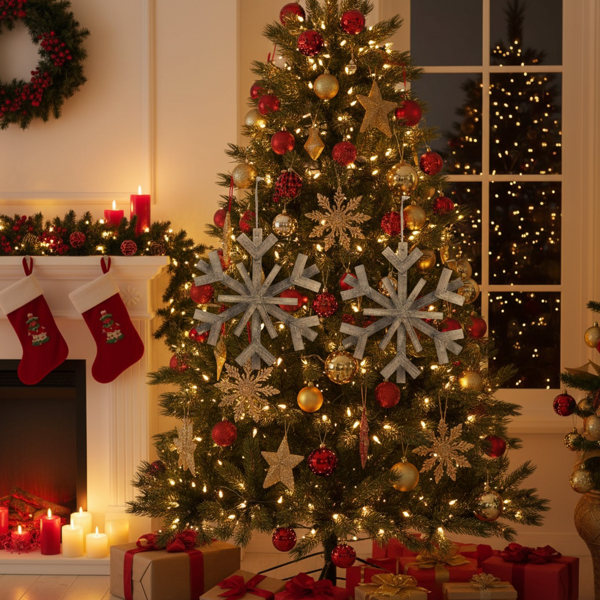 2件套17.7英寸圣诞树装饰品大型木制雪花装饰品乡村壁挂，用于度假屋展示FBA发货-4