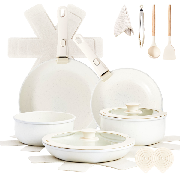 17件 五锅两盖 可拆卸手柄 烹饪锅具 米白色 铝锅套装-3