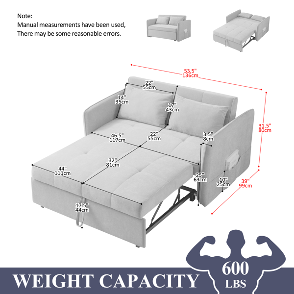 53.5英寸现代雪尼尔织物可拉出沙发床，可调节扶手的卧铺沙发沙发-黄色-3