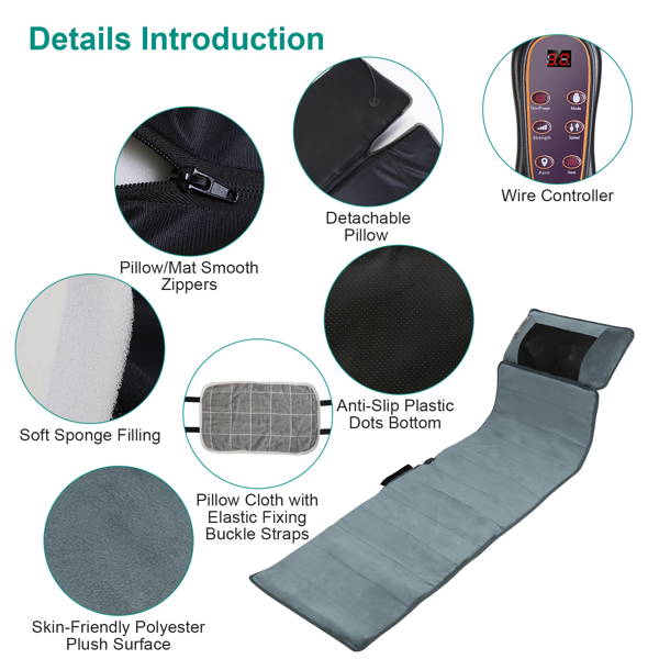 （物流随机发，自提可发加拿大）-全身按摩垫配颈部揉捏按摩器——10个精准按摩点+3档腰部加热，9种振动模式/9档速度，20节点颈部按摩（加热+3种模式），10-30分钟智能定时器，防滑底座，附赠收纳袋——父母的完美礼物-3