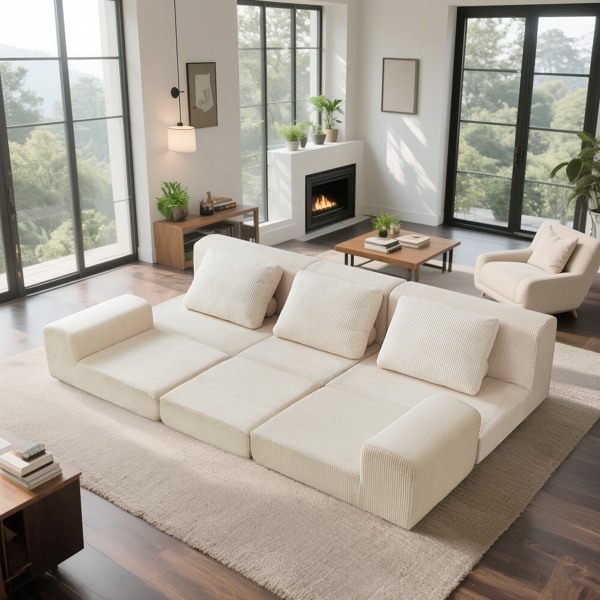 108'' Modular Sectional 3-Seater Cloud Sofa,Corduroy Convertible Sofa Bed ,living room.-4