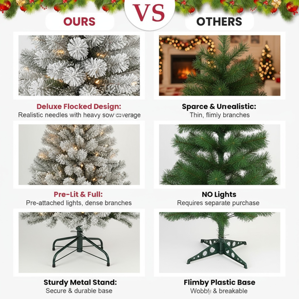 5英尺植绒圣诞树407尖端人造植物，带150个暖白色灯坚固的金属支架雪地人造树度假屋、办公室、公寓派对装饰FBA发货-7