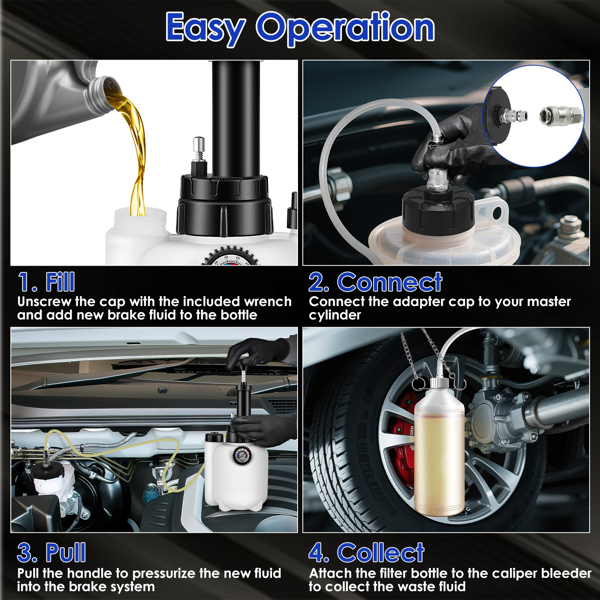 （物流随机发，自提可发加拿大）-3 升刹车放气套装 手动刹车放气真空泵工具组，含 1 升废油瓶及 4 个主缸适配器，单人操作气动刹车油抽取工具，适用于所有车型-5
