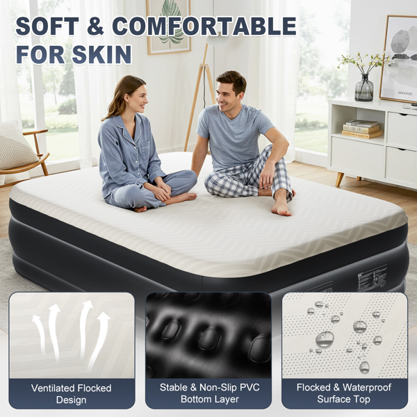 80*60*18in 海绵植绒床面 PVC围带&底部 米黄色+黑色 野营床垫 充气 带收纳袋 美规插头 200kg-17