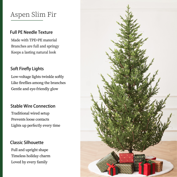 阿斯彭斯利姆冷杉6.5英尺预装灯人工圣诞树，配有3,250个树枝尖和867个低压暖色LED灯，可折叠底座和逼真的防火树枝-2