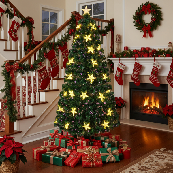 6英尺圣诞树配大星星预发光光纤人造植物树变色灯配金属支架全树家居节日派对装饰FBA发货-1