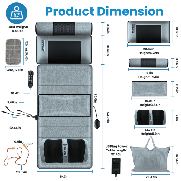 （物流随机发，自提可发加拿大）-全身振动按摩垫（含颈部及足部按摩器）- 10个按摩区域+3档腰部加热，可拆卸20节点颈部按摩器（带加热功能）及32节点足部揉捏按摩器，充气腰枕，防滑底座，10-30分钟定时器，附赠收纳袋及耳塞（理想礼品）-6
