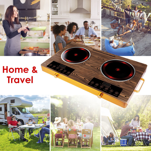 （物流随机发，自提可发加拿大）-7000W双头电炉灶 110V，配备2个3500W快速加热炉盘，4种预设模式（蒸/煎/烤/强火），11档功率调节，便携式把手及易清洁玻璃面板，适用于所有平底锅具，适合宿舍/房车/公寓/露营使用。-6