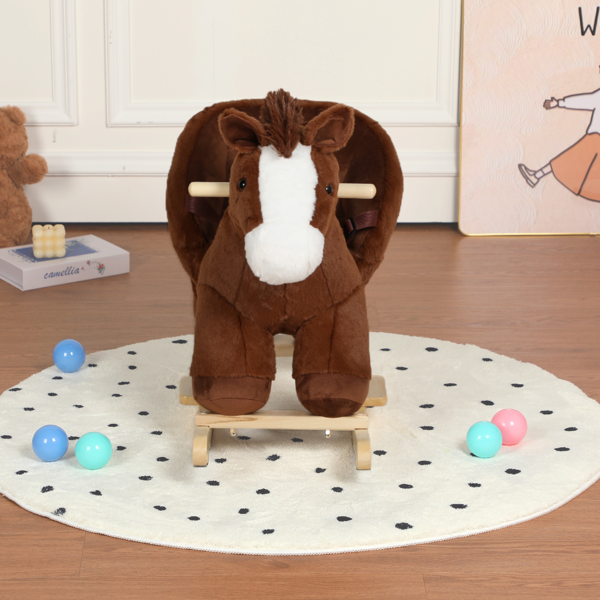 儿童摇马玩具，带摇篮曲歌曲，1-3岁儿童手抱木偶和安全带，柔软毛绒面料，棕色-1