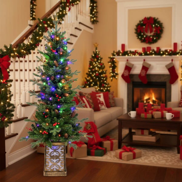 4英尺圣诞树带100个多色LED灯，预亮绿色人造植物花盆，红色浆果和松果树，PVC全枝，闪闪发光的底座照亮花盆，派对装饰FBA发货-9