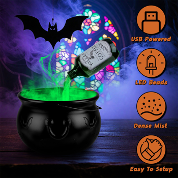 <b style=\\'color:red\\'>Halloween</b> Floating Potion Bottle Decor with Witch Cauldron - 2-in-1 USB-Powered Green Mist Maker