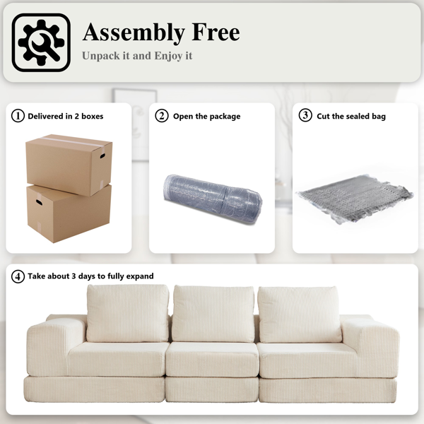 108'' Modular Sectional 3-Seater Cloud Sofa,Corduroy Convertible Sofa Bed ,living room.-5