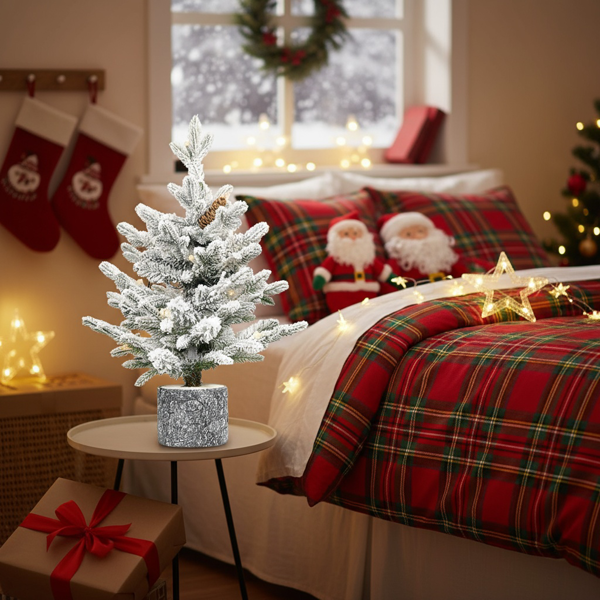 2英尺植绒圣诞树带花盆底座189尖端30个暖白色LED灯PE+PVC人造植物树枝带3个松果节日树桌面家居派对装饰FBA发货-4