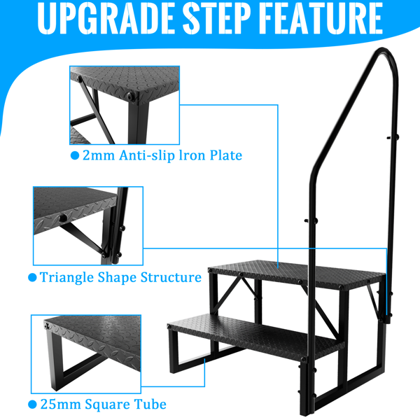 带扶手的房车踏板，两级梯式按摩浴缸踏板带扶手，便携式移动房屋楼梯，适用于第五轮房车的户外房车楼梯-5