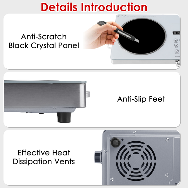 （物流随机发，自提可发加拿大）-3500W单头电炉灶 110V - 快速加热电热板，配备4种预设模式（煎炸/烧烤/炖煮/多功能），12档功率/温度调节，0-3小时定时器，便携式把手及易清洁玻璃表面，适用于宿舍/房车/露营-3