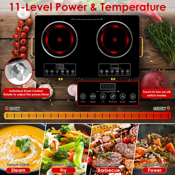 （物流随机发，自提可发加拿大）-7000W双头电炉灶 110V，配备2个3500W快速加热炉盘，4种预设模式（蒸/煎/烤/强火），11档功率调节，便携式把手及易清洁玻璃面板，适用于所有平底锅具，适合宿舍/房车/公寓/露营使用。-5