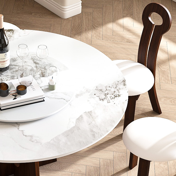 现代大理石餐桌，59 英寸烧结石圆形餐桌，实木胡桃木底座，坚固的十字设计，适合 6-8 人使用 - 胡桃木（仅桌子）-5