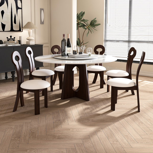 餐椅两件套，Key-design 家居椅，PU 皮革实木餐椅，带白色圆形靠垫，适用于厨房餐厅 - 深胡桃棕色-7