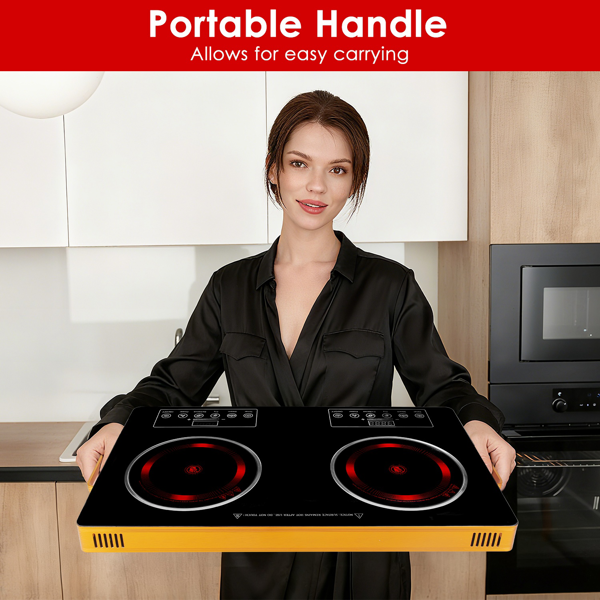 （物流随机发，自提可发加拿大）-7000W双头电炉灶 110V，配备2个3500W快速加热炉盘，4种预设模式（蒸/煎/烤/强火），11档功率调节，便携式把手及易清洁玻璃面板，适用于所有平底锅具，适合宿舍/房车/公寓/露营使用。-10