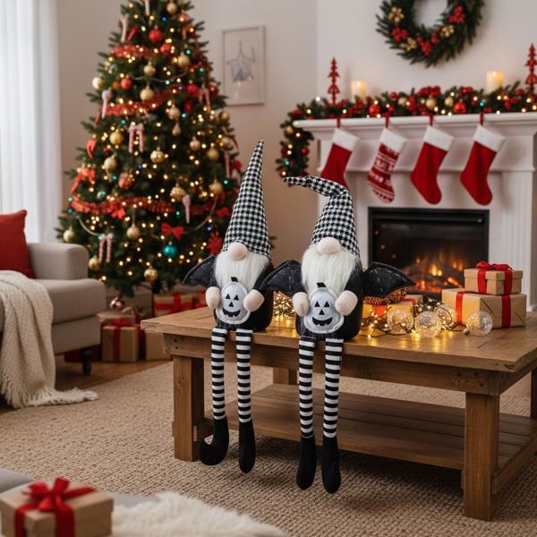 2件套圣诞节侏儒装饰品 4.3x3.5x23.5英寸织物带翼侏儒配黑白格子帽，完美打造幽灵氛围装饰FBA发货-5