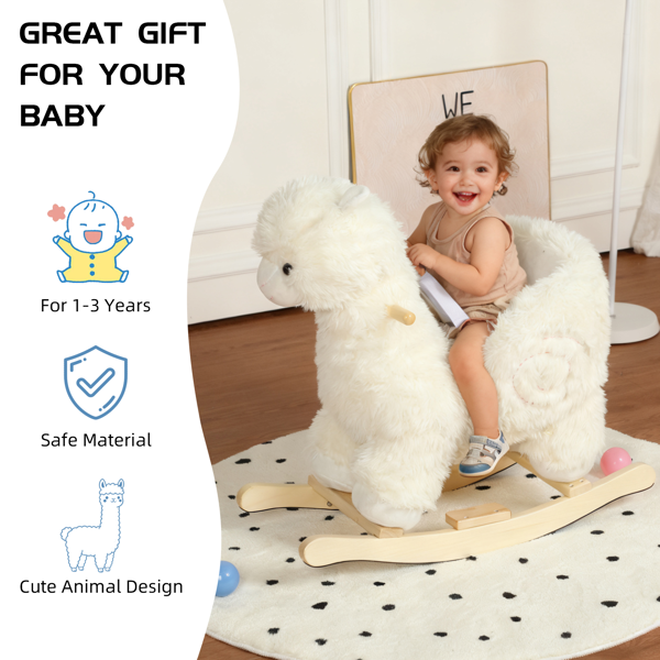 儿童骑乘带有摇篮曲歌曲的摇马玩具，1-3岁儿童用带有手部木偶和安全带的羊驼摇摆玩具，柔软毛绒面料，白色-7