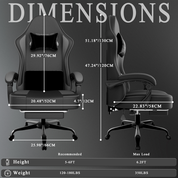带袋装弹簧坐垫和脚凳的游戏椅，成人人体工学电脑椅，透气PU皮游戏椅，可调节头枕和腰部支撑办公桌椅-4