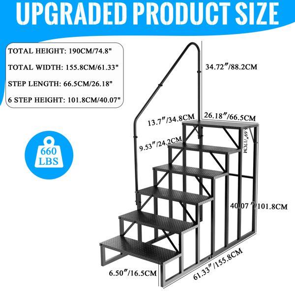 房车阶梯6级梯，房车防滑踏板，带扶手的按摩浴缸阶梯，660磅承重房车梯适用于第五轮房车，移动房屋阶梯-2