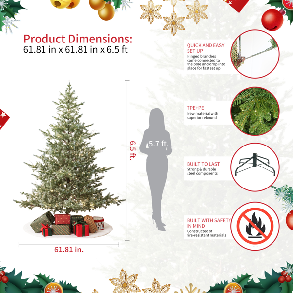 科罗拉多蓝云杉 6.5英尺圣诞树，预装灯饰，人造全树，拥有2,694根树枝尖和906颗低压暖色LED灯，折叠支架及逼真耐火树枝-5