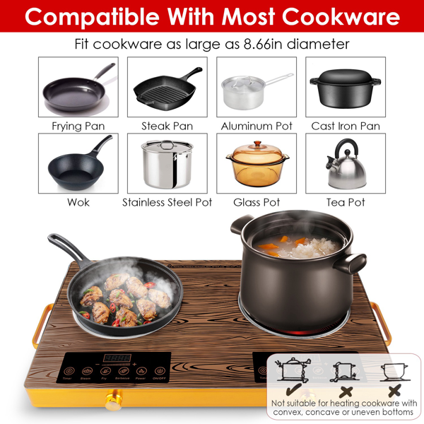 （物流随机发，自提可发加拿大）-7000W双头电炉灶 110V，配备2个3500W快速加热炉盘，4种预设模式（蒸/煎/烤/强火），11档功率调节，便携式把手及易清洁玻璃面板，适用于所有平底锅具，适合宿舍/房车/公寓/露营使用。-2