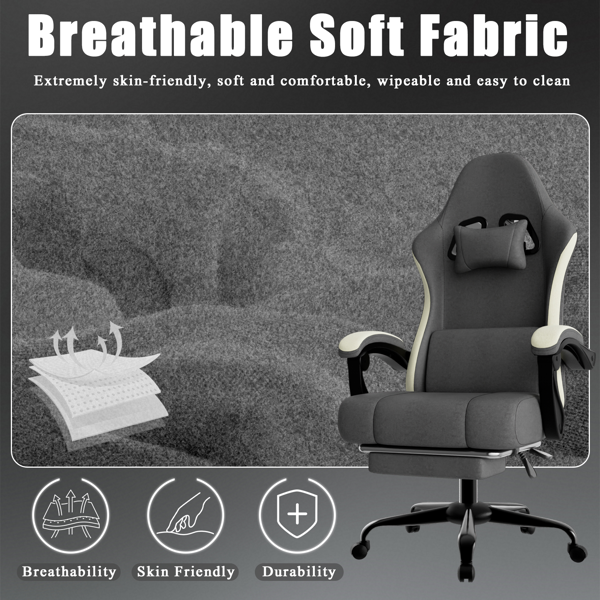 人体工学游戏椅，配备袋装弹簧坐垫，透气面料电脑椅带脚凳，可调节腰部支撑成人游戏椅-5