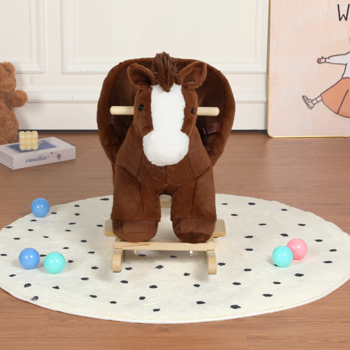 儿童摇马玩具，带摇篮曲歌曲，1-3岁儿童手抱木偶和安全带，柔软毛绒面料，棕色