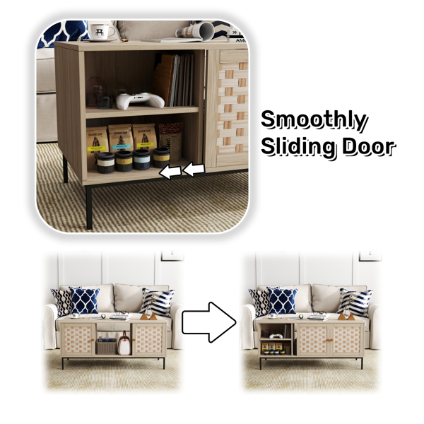 优雅的Venener编织设计咖啡桌，配有4个滑动门，木质中心矩形桌子，配有对称设计的储物柜-2