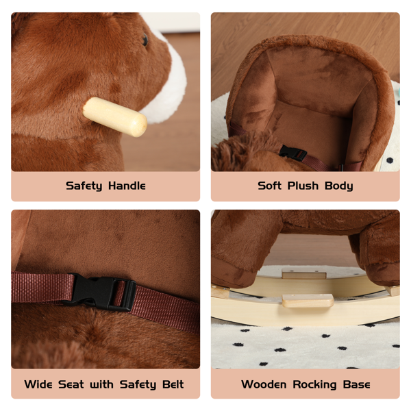 儿童摇马玩具，带摇篮曲歌曲，1-3岁儿童手抱木偶和安全带，柔软毛绒面料，棕色-5