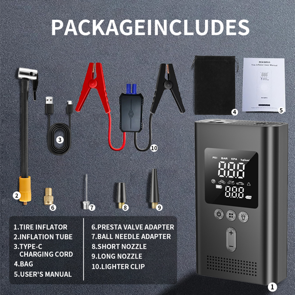 便携式汽车启动器带充气泵，150PSI数字轮胎充气泵，汽车电池启动器（9.0L汽油/6.5L柴油），安全夹具易于使用，圣诞节礼物-10