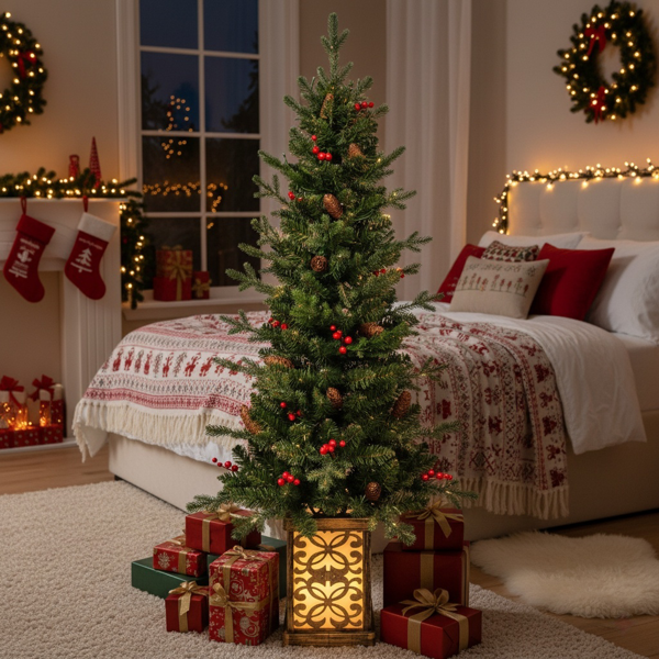 4英尺圣诞树带100个多色LED灯，预亮绿色人造植物花盆，红色浆果和松果树，PVC全枝，闪闪发光的底座照亮花盆，派对装饰FBA发货-14