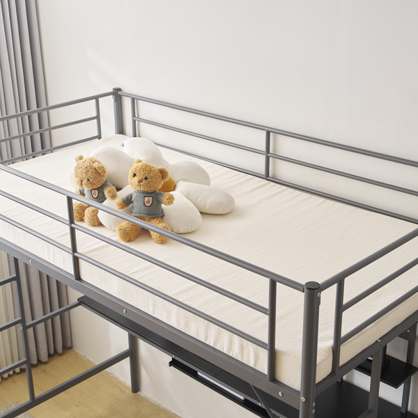 【同款编码：27723326】灰色 198*143*182cm Twin 高架床 带桌子 层架 铁床 美国-22