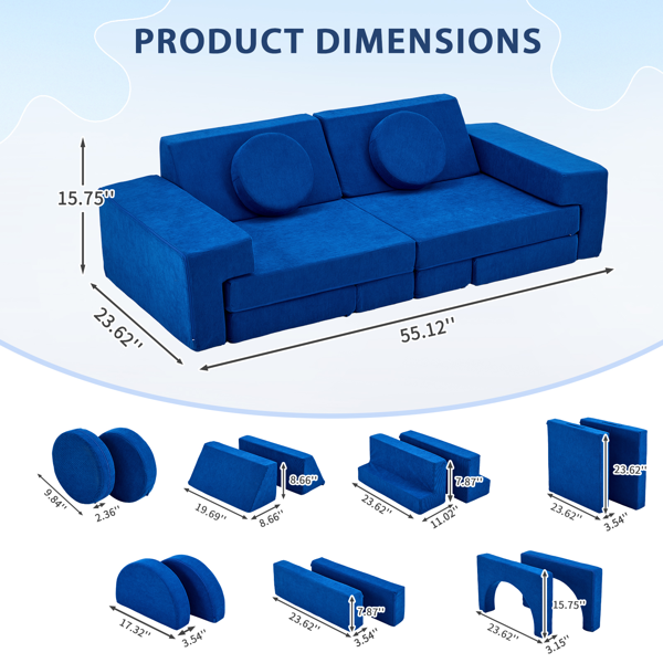 1pcs 全海绵 十四片模块设计 可自由组合 儿童沙发 蓝色 灯芯绒 KS-009-3