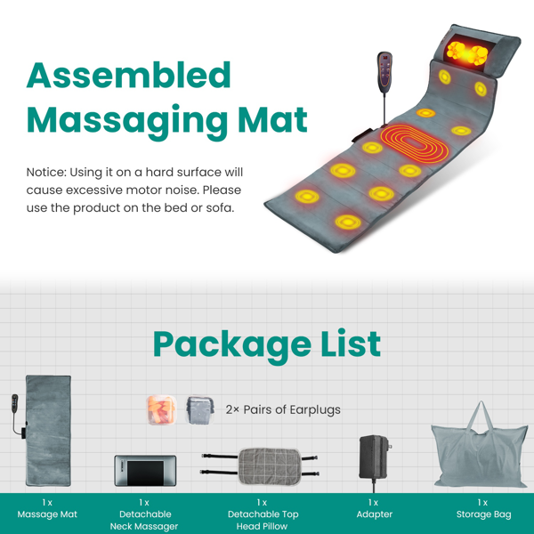 （物流随机发，自提可发加拿大）-全身按摩垫配颈部揉捏按摩器——10个精准按摩点+3档腰部加热，9种振动模式/9档速度，20节点颈部按摩（加热+3种模式），10-30分钟智能定时器，防滑底座，附赠收纳袋——父母的完美礼物-4