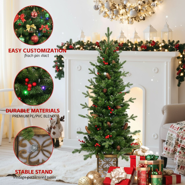 4英尺圣诞树带100个多色LED灯，预亮绿色人造植物花盆，红色浆果和松果树，PVC全枝，闪闪发光的底座照亮花盆，派对装饰FBA发货-5