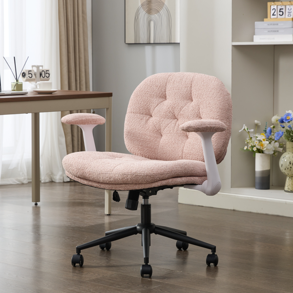 带翻转扶手的交叉腿椅、带轮子的交叉腿办公椅、适合女性的宽座椅舒适旋转椅、公寓、家庭、办公室的可调节化妆梳妆台椅、粉红色-4