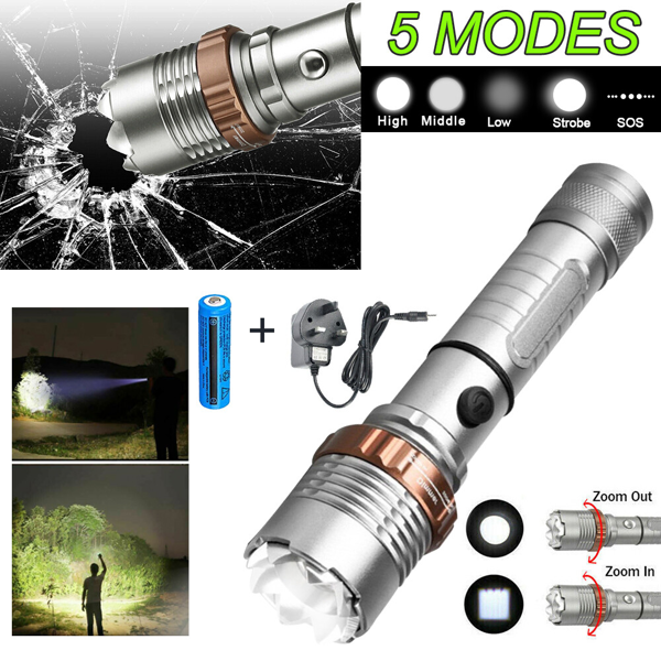 可充电LED手电筒5种照明模式可变焦徒步露营户外手电筒+电池+充电器套装-10
