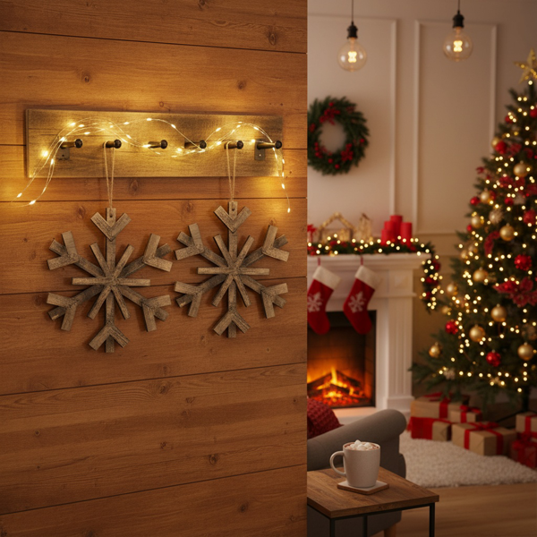 2件套17.7英寸圣诞树装饰品大型木制雪花装饰品乡村壁挂，用于度假屋展示FBA发货-12