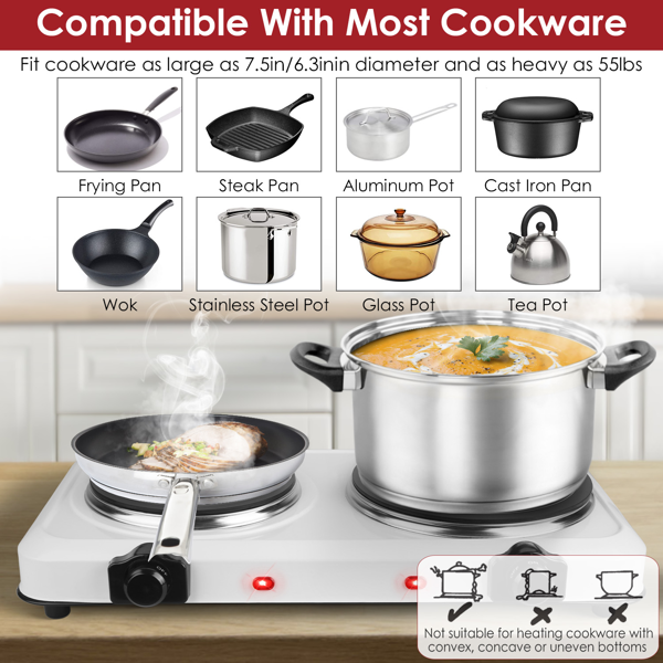 （物流随机发，自提可发加拿大）-便携式红外双炉灶——双燃烧器支持同时烹饪，302℉-1022℉无级调温，自动断电功能，易擦拭清洁，适用于宿舍/公寓/房车/露营-4